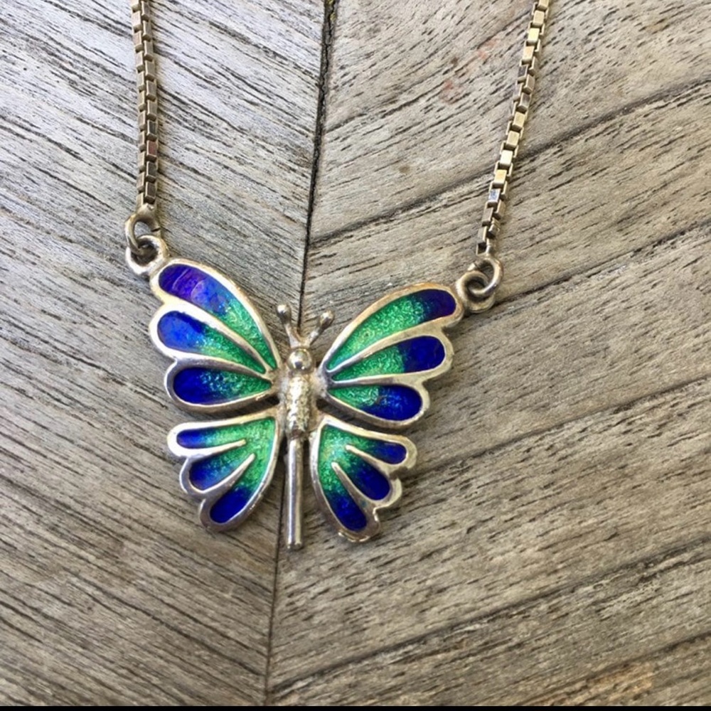 Vintage Sterling Silver 925 Enamel Butterfly Necklace Blue Green Hand Painted